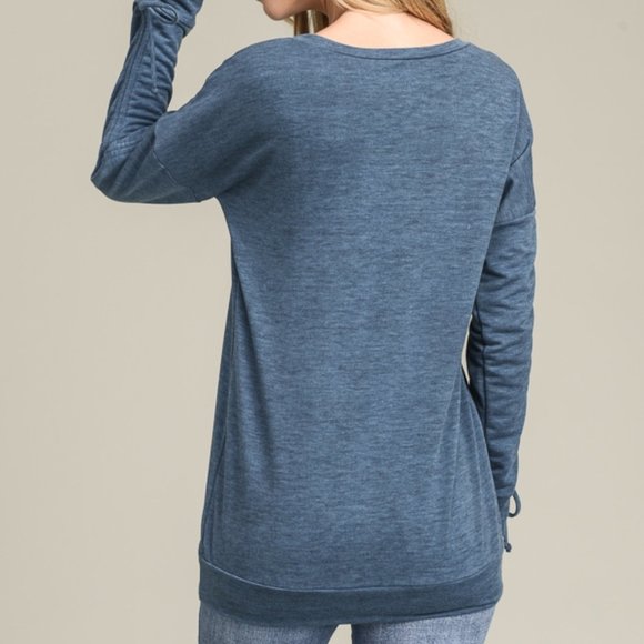 Ruched Lace Up Sleeve Knit Top - Picture 3 of 7